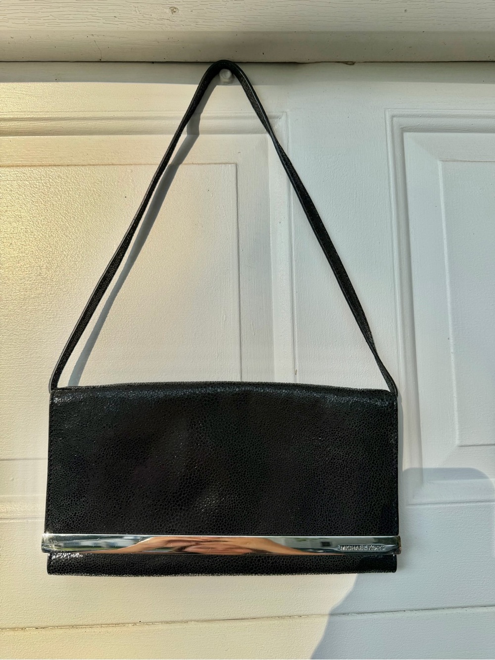 Michael Kors Black Leather Shoulder Bag Silver Metal Logo Bar Trim
